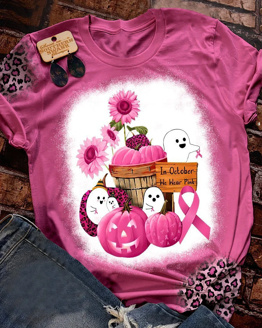 Pumpkin Ghost In October Wear Pink Breast Cancer Tee