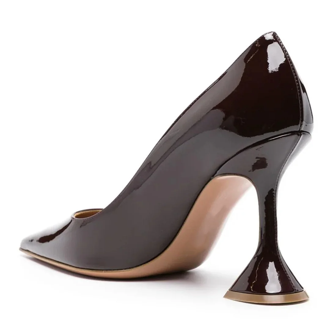 Brown Patent Leather Pointed Toe Elegant Pumps with Flared Heels