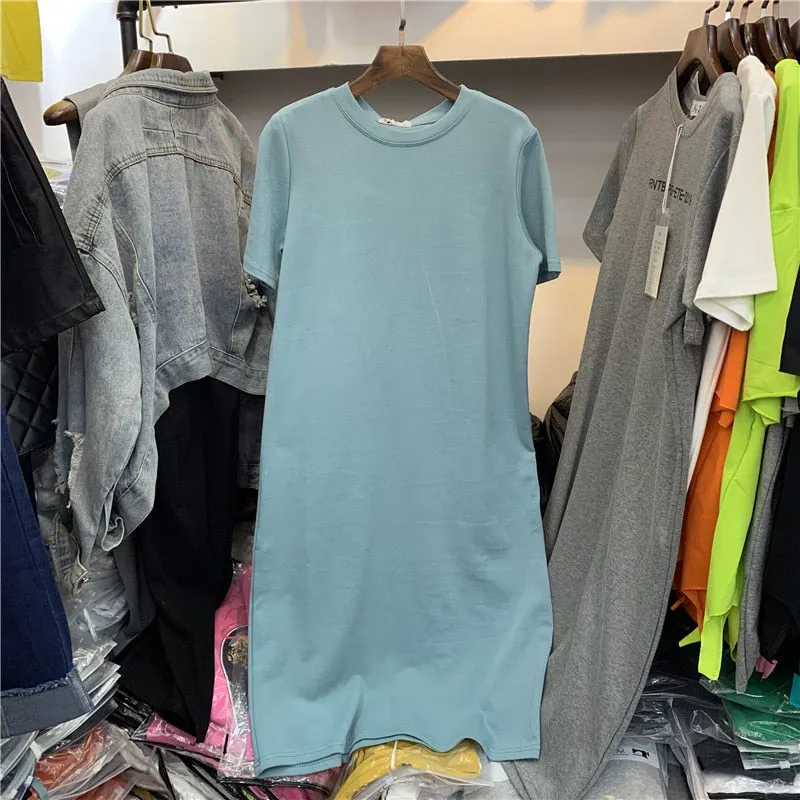 Casual Women Over Size O-Neck Short Sleeve Solid Summer Cotton T Shirt Dress Sales