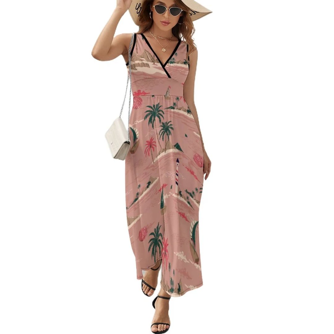 Summer Beach Wind Surfing Sundress Maxi Sleeveless Dress V Neck Loose Printed Long Casual Dress