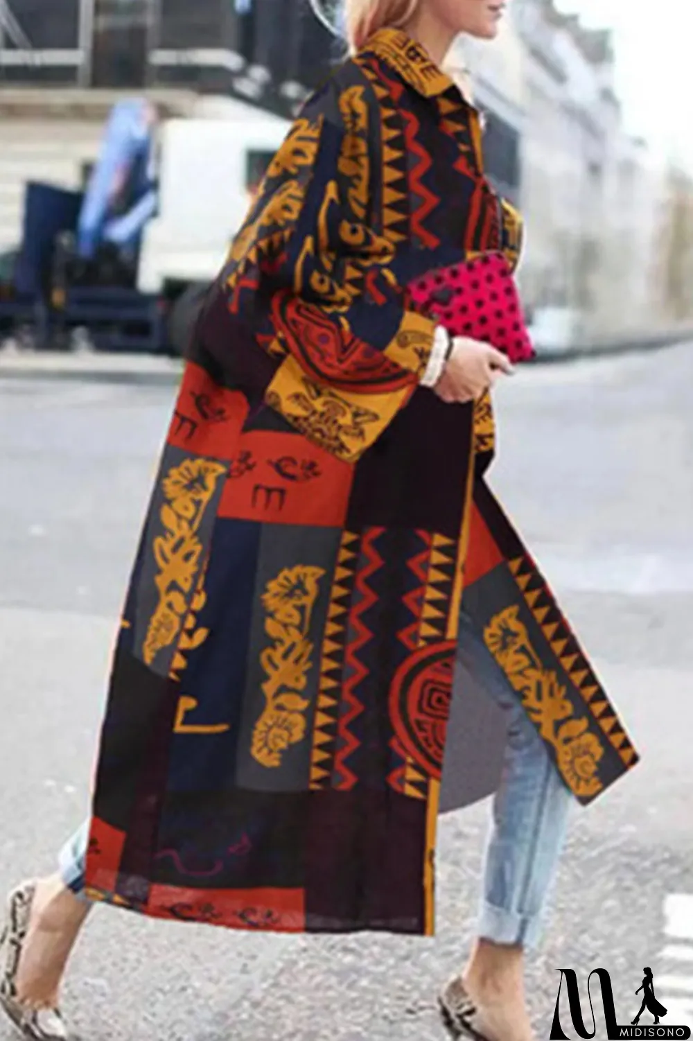 MidiSono - Yellow Blue Street Camouflage Print Patchwork Turndown Collar Outerwear