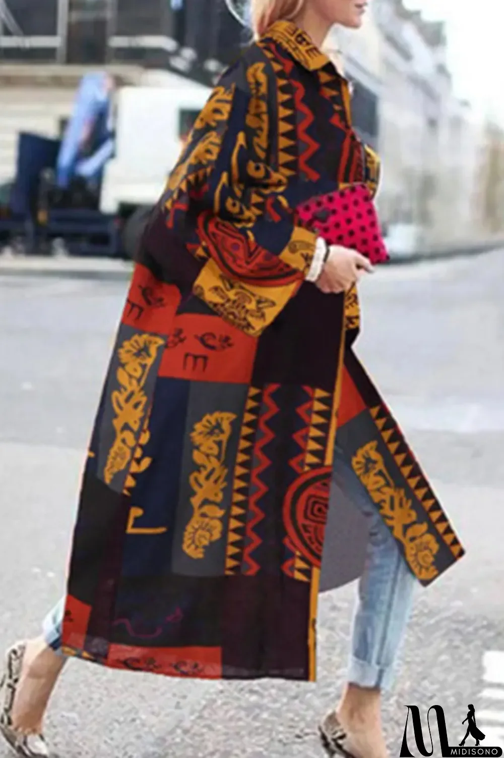 MidiSono - Yellow Blue Street Camouflage Print Patchwork Turndown Collar Outerwear