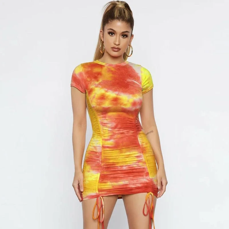 Dulzura tie dye drawstring ruched women mini tshirt dress bodycon bandage elegant party sexy club 2020 summer clothes streetwear