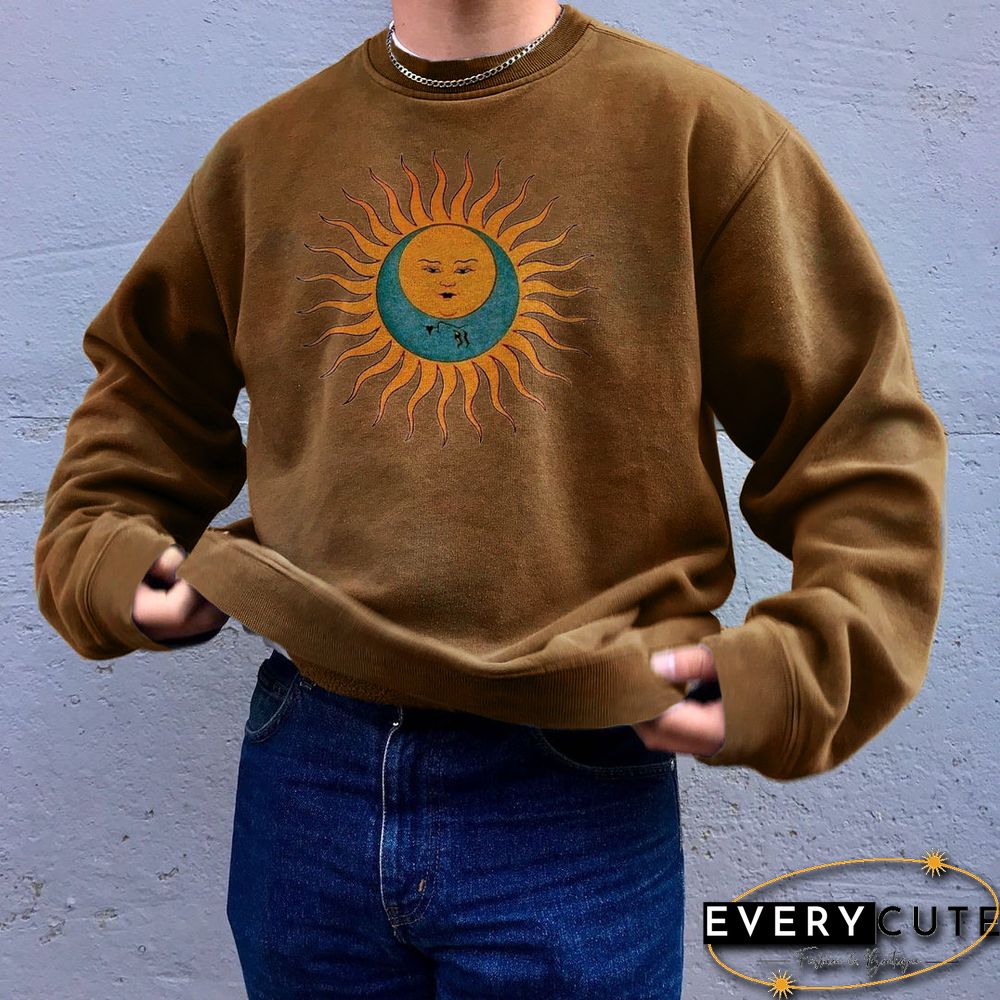Men Vintage Casual Art Sun Print Sweatshirt