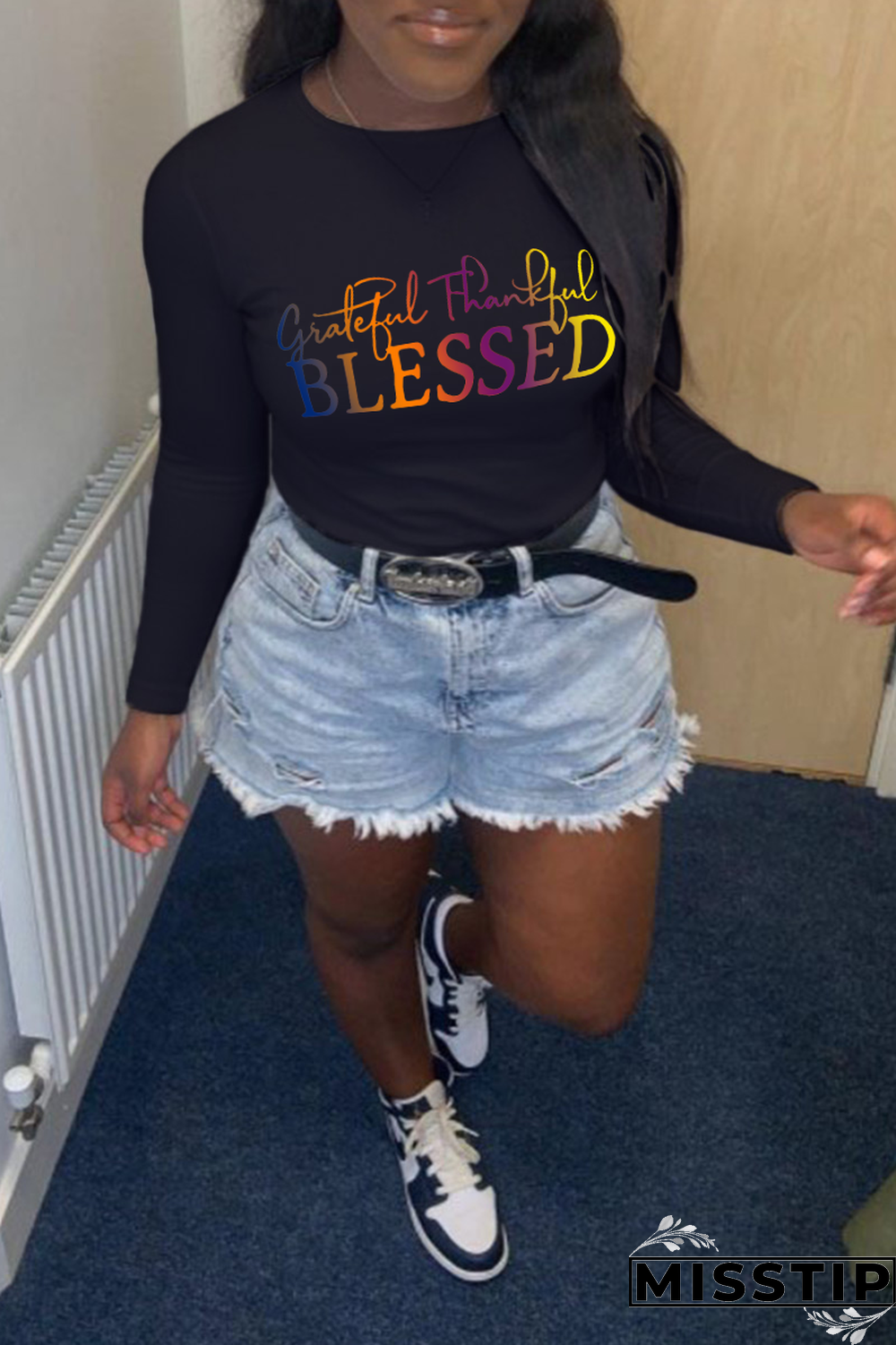 Grey Casual Print Patchwork Letter O Neck Tops