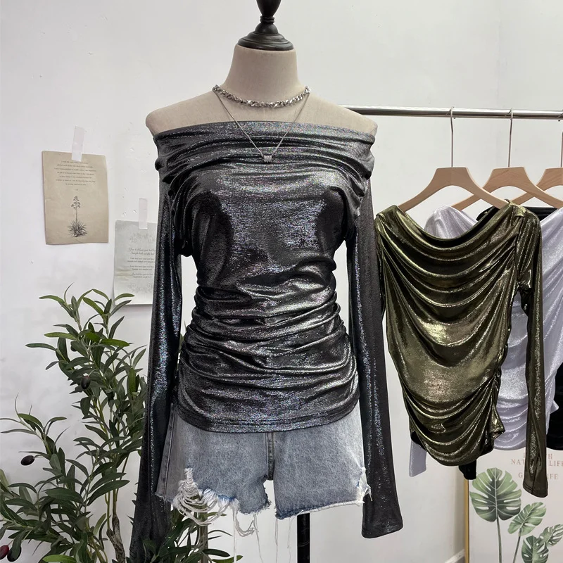 Uveng Real Shooting Stacking Long-Sleeved Pile Folded Shoulder T-Shirt Metal-Sclide T-Shirt 8888