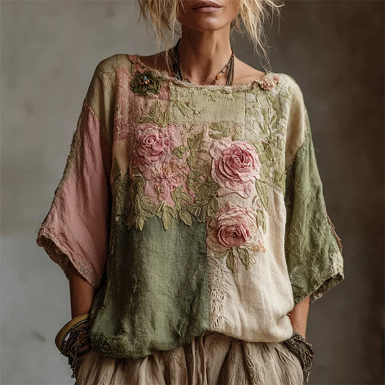 VChics Vintage Pink Roses Embroidered Patchwork Linen Shirt