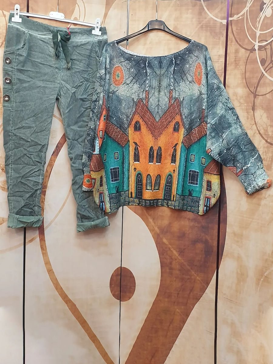 Building Printed Top And Pants Two-piece Set