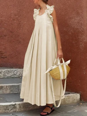 Image of A-Line Loose Pleated Ruffle Trim Split-Joint Square-Neck Maxi Dresses