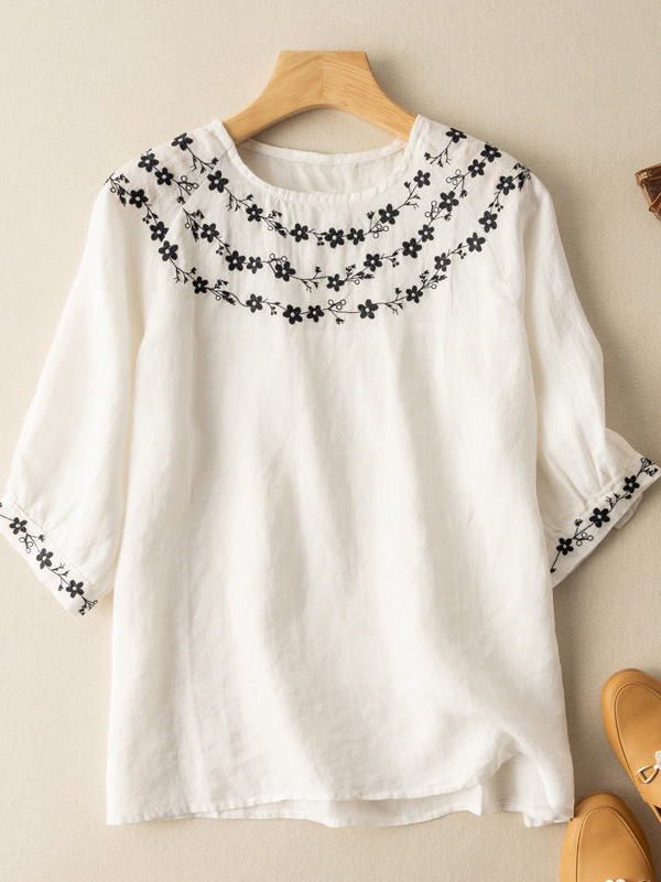 Women's Cotton Linen Blouse Vintage Tribal Embroidery Floral Crew-Neck Mid Sleeve Blouse