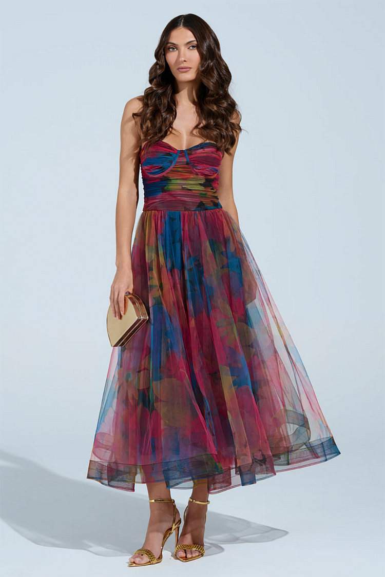 Strapless Ruched Cinch Waist Floral Print Tulle Midi Dresses-Fuchsia [Pre Order]