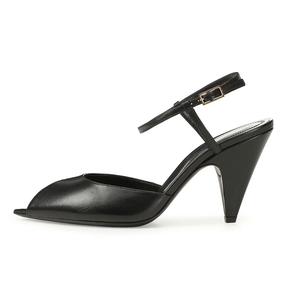 Stylish Black Faux Leather Ankle Strap Buckle Peep Toe Heels