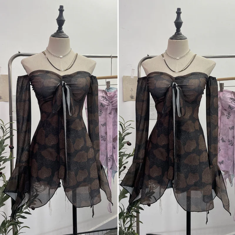 Uveng Horn Long Sleeve Bra Strap Bow With Chest Cushion Net Yarn Irregular Open Fork Tat 6612