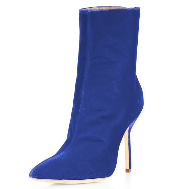 FSJ Royal Blue Velvet Boots Pointy Toe Stiletto Heel Ankle Booties |FSJ Shoes