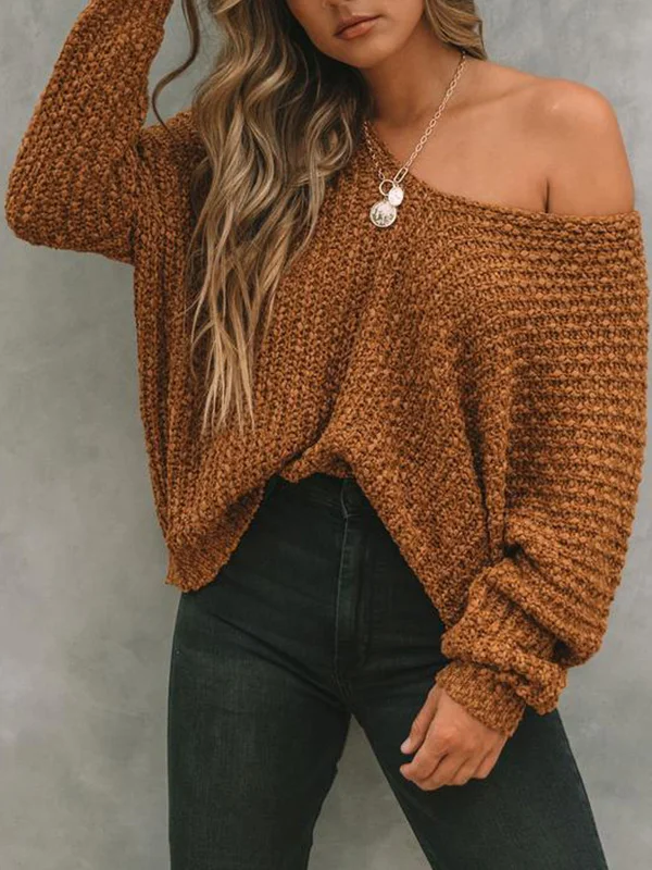 Solid Color Loose Long Sleeves V-Neck Sweater Tops Pullovers Knitwear