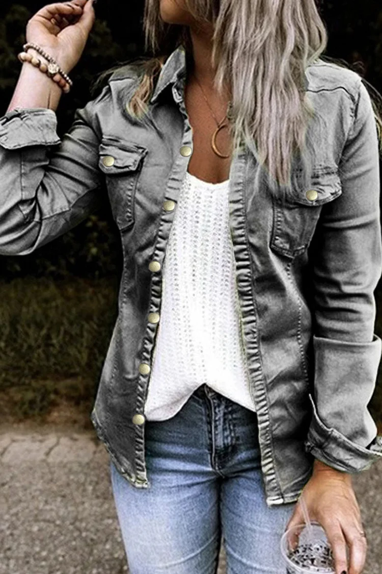 Fashion Sexy Adult Solid Cardigan Turndown Collar Long Sleeve Regular Denim(5 Colors)