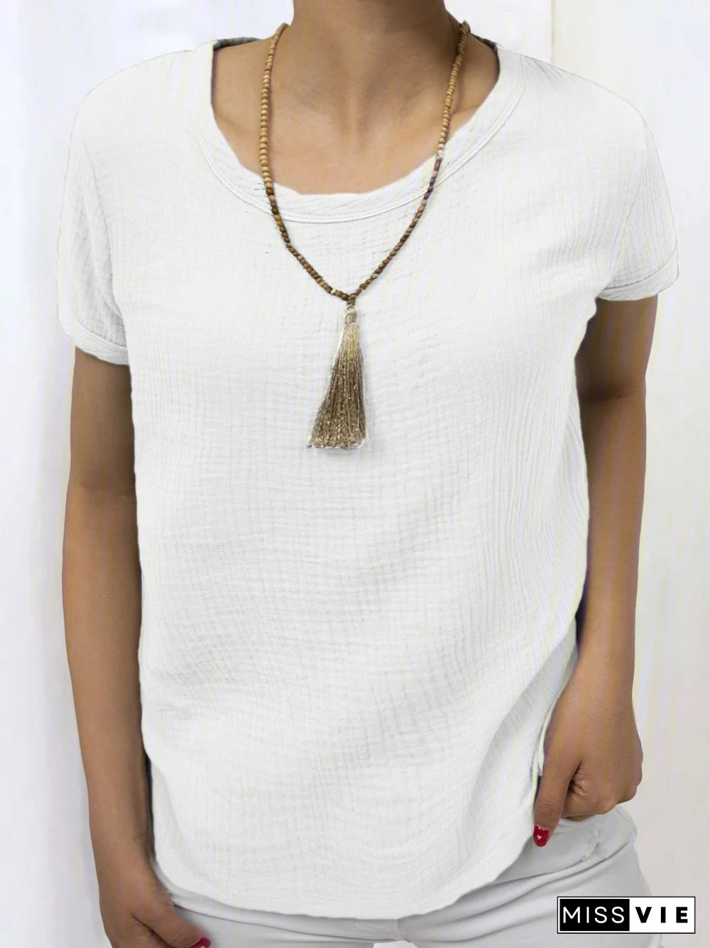 Women Casual Linen Cotton Plain Short Sleeve Blouses