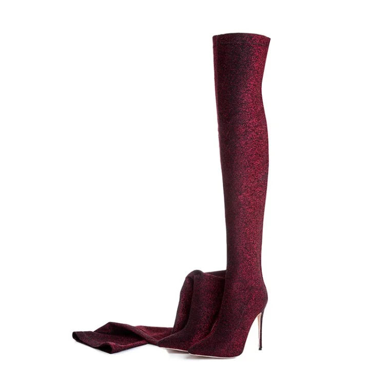 Burgundy Long Boots Pointy Toe Stiletto Heel Thigh-high Boots |FSJ Shoes