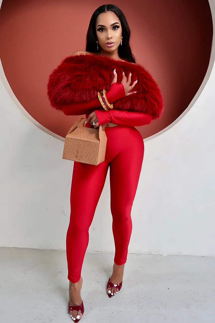 Faux Fur Patchwork Cutout Long Sleeve Bodycon Party Jumpsuit-Red [Pre Order]