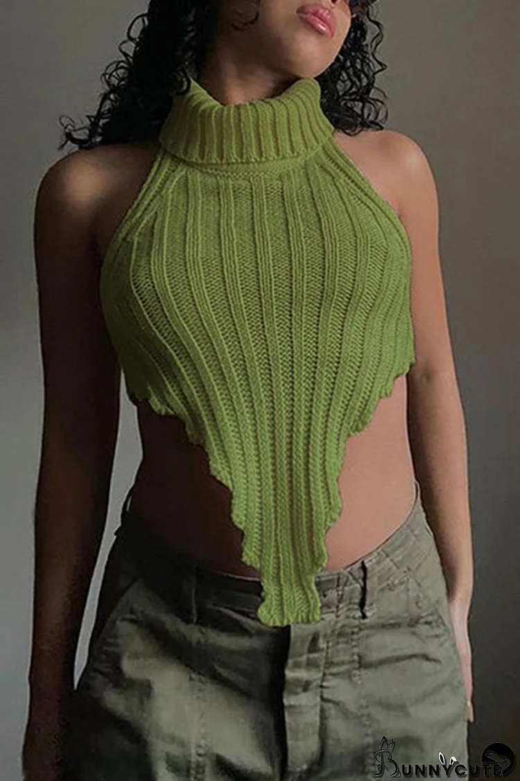 Green Sexy Casual Solid Backless Asymmetrical Turtleneck Tops