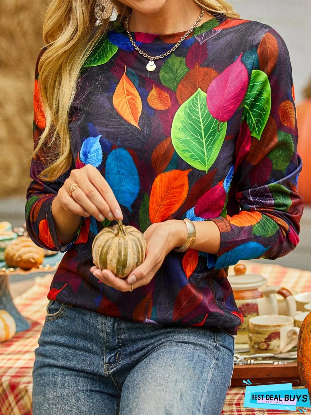 Casual Crew Neck Leaves Long Sleeve T-shirt