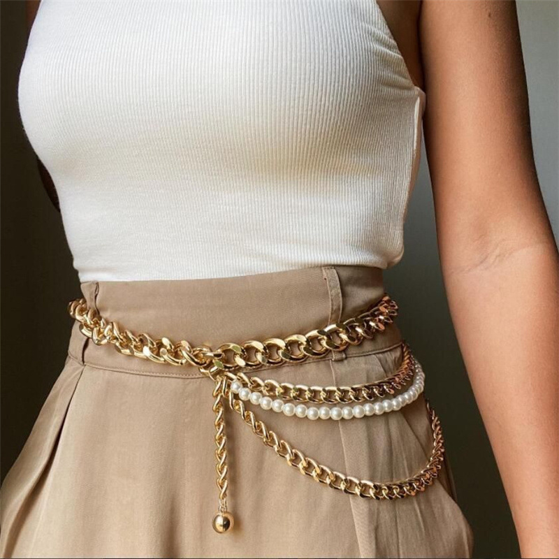 Pearl metal wavy tassel waist chain