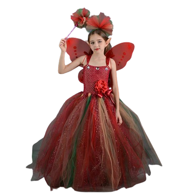 Kids Children Fairy Red Tutu Dress Outfits Costume Stage Performance Carnival Suit 