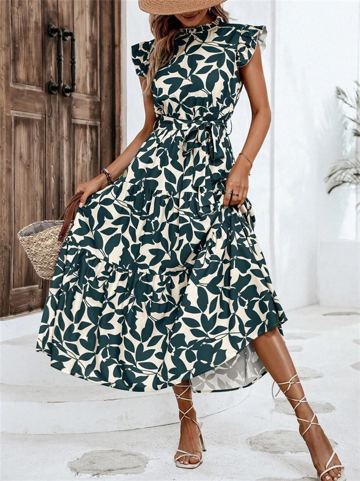 Women's New Summer Fashion Wooden Ear Edge Fly Sleeve Tie Printed Dresses