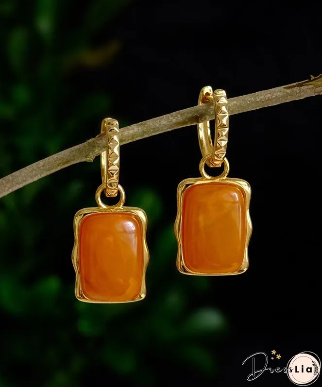 Handmade Orange Sterling Silver Overgild Beeswax Square Hoop Earrings