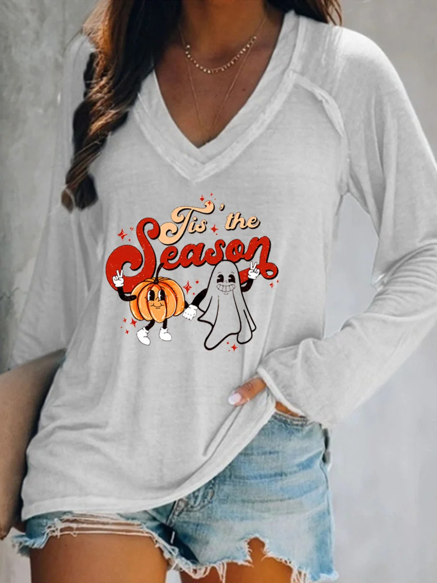 Halloween Tis' The Season Pumpkin and Ghost Printed Long Sleeve V-neck T-shirt