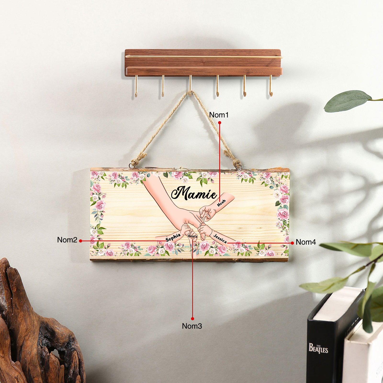 À ma Mamie - Décoration en bois la main dans la main 1-6 Prénoms Personnalisés pour Famille Peinture Décorative