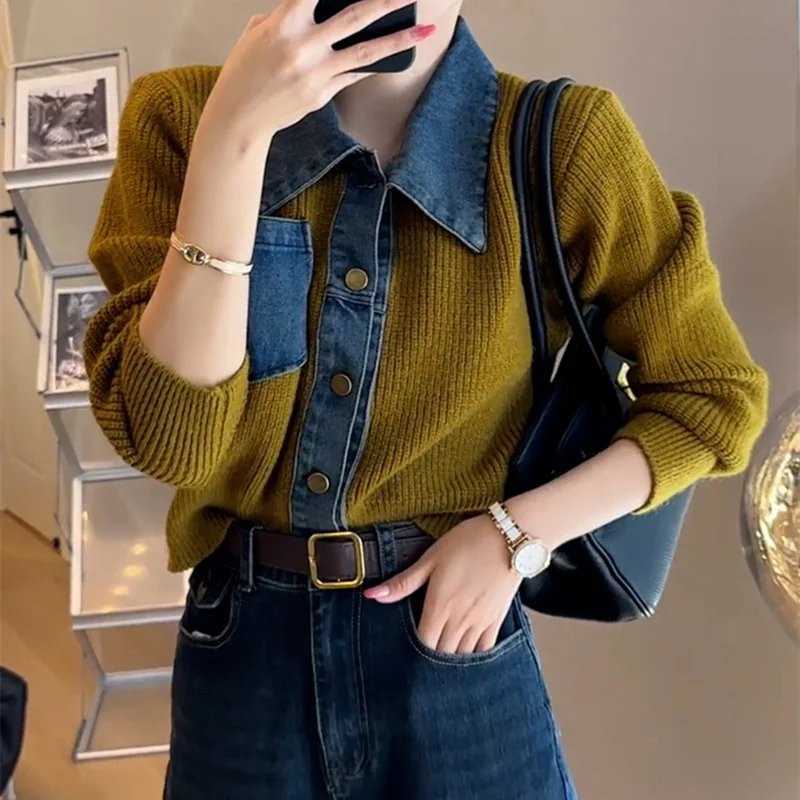 Toloer Toloer And Winter Women's Clothes Fake Two POLO Collar Short Jacket Denim Shirt Collar Stitching Knit Cardigan Sweater Coat-Outfit Ideas