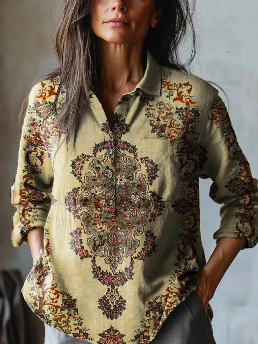 Women's Vintage Lovely Floral Art Print Casual Cotton And Linen Shirt