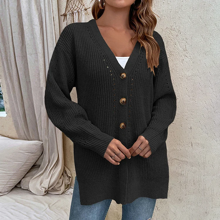 Women's Cardigan Open Front Button Long Sleeve Hollow Out Sweater Cardigan with Pocket