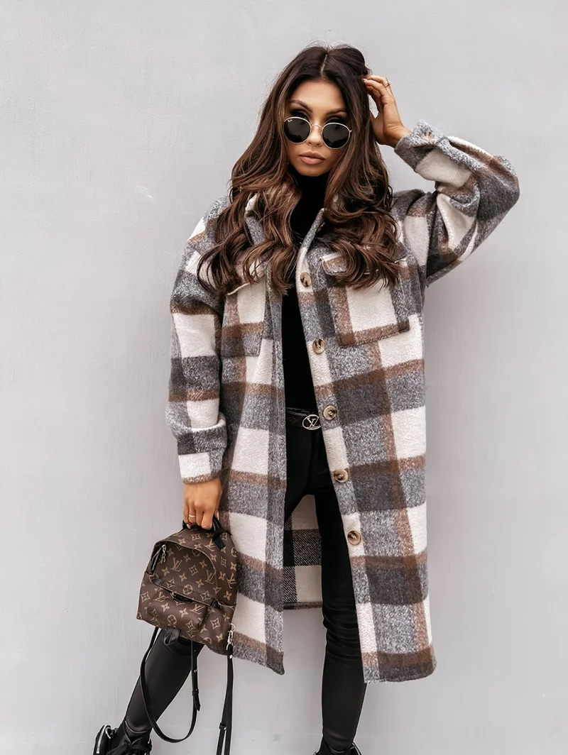 Ueong Style Women's Wear Station Plaid Print Long Sleeve Thin Long Coat