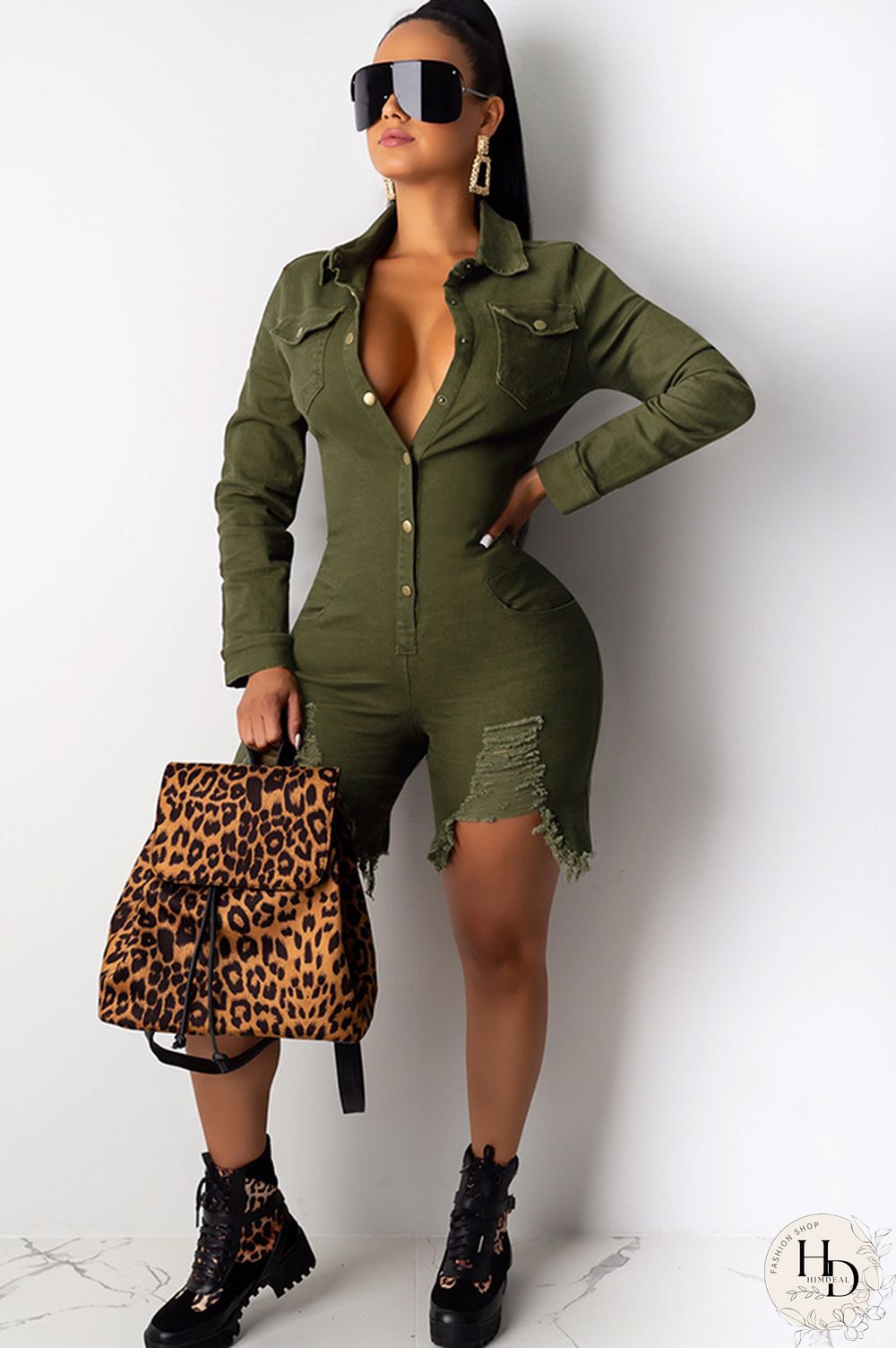 Black Sexy Solid Button washing Cotton Long Sleeve Turndown Collar Rompers
