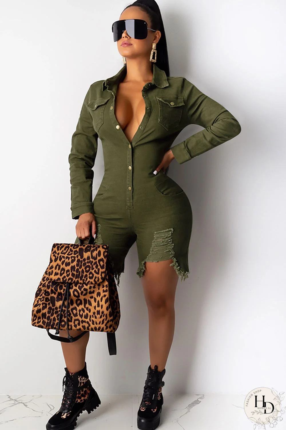 Black Sexy Solid Button washing Cotton Long Sleeve Turndown Collar Rompers