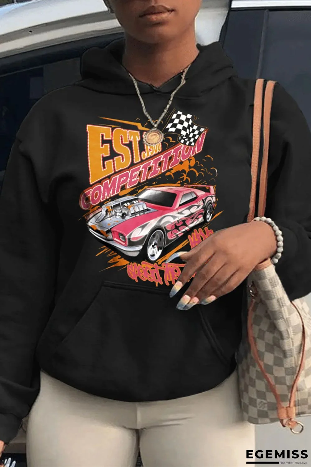 Black Casual Print Patchwork Hooded Collar Tops | EGEMISS