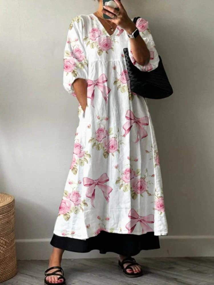 Women's Artistic Rose  Holiday Floral Pattern Cotton Dress