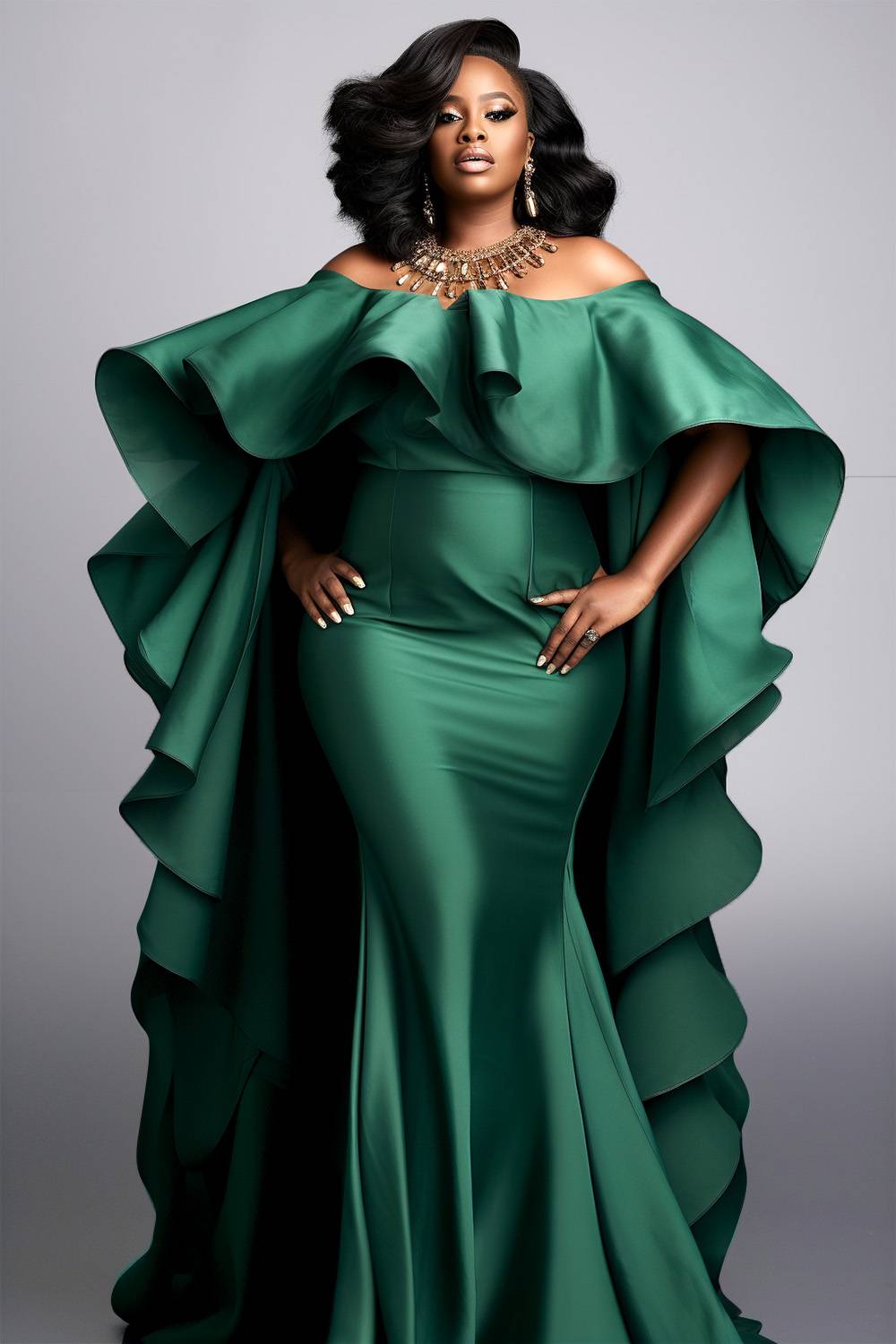 Design Plus Size Formal Elegant Green Off The Shoulder Satin Maxi Dresses [Pre-Order]