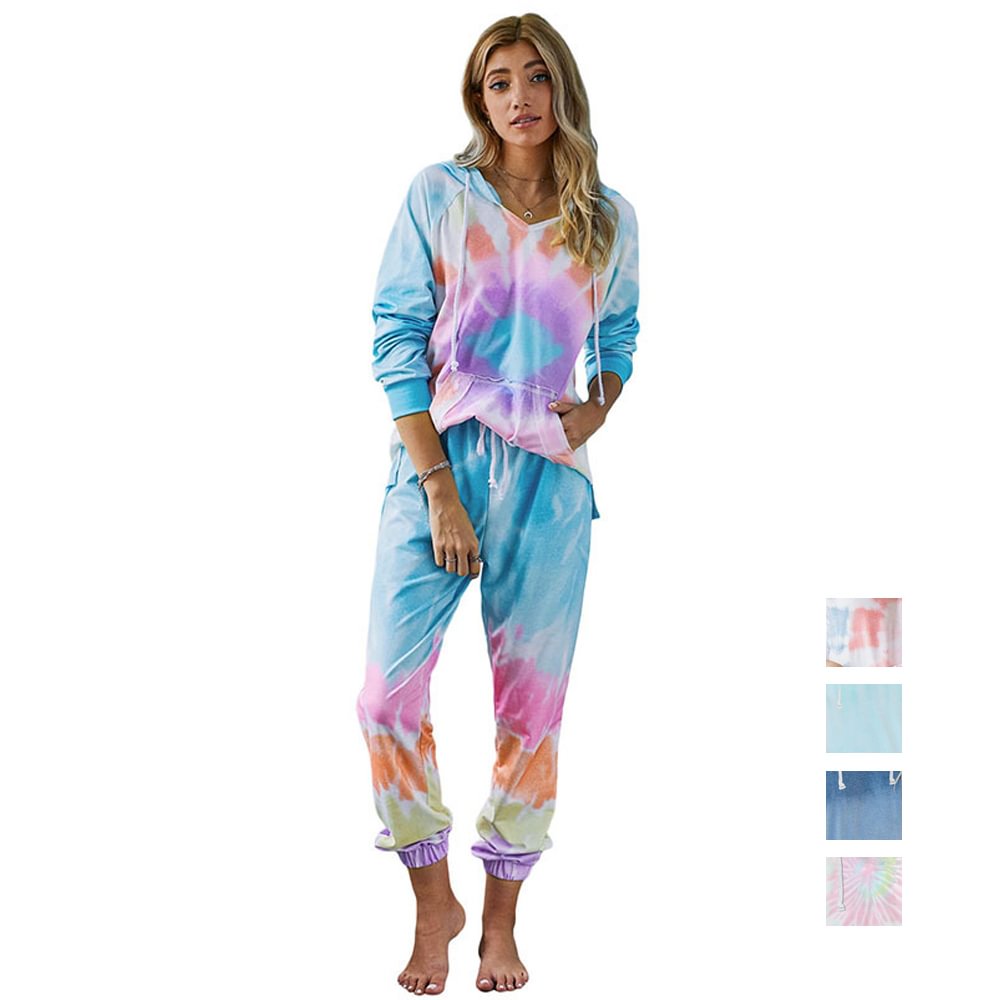 Womens Tie Dye Flower Casual Gradient Long Sleeve Pajamas Set Soft Top and Pants Pockets Set Nightwear-Pajamasbuy