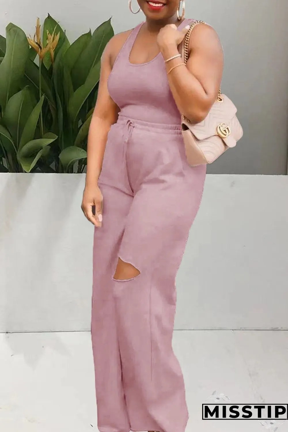 Pink Casual Solid Ripped Patchwork U Neck Sleeveless Two Pieces