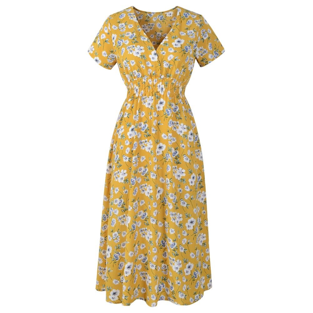 Printed V-Neck Short Sleeve Dress Black Dresses