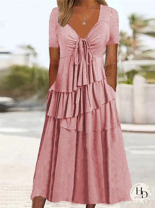 Casual Dress Summer Dress Pleated Dress Plain Lace up Ruched V Neck Midi Dress Fashion Basic Outdoor Daily Short Sleeve Slim Pink Wine Green Summer Spring S M L XL XXL for Women