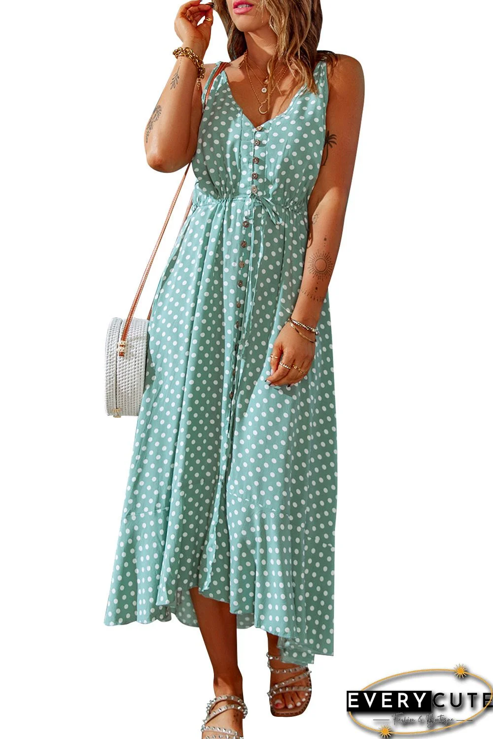 Green Polka Dot Print Split Buttoned V Neck Maxi Dress