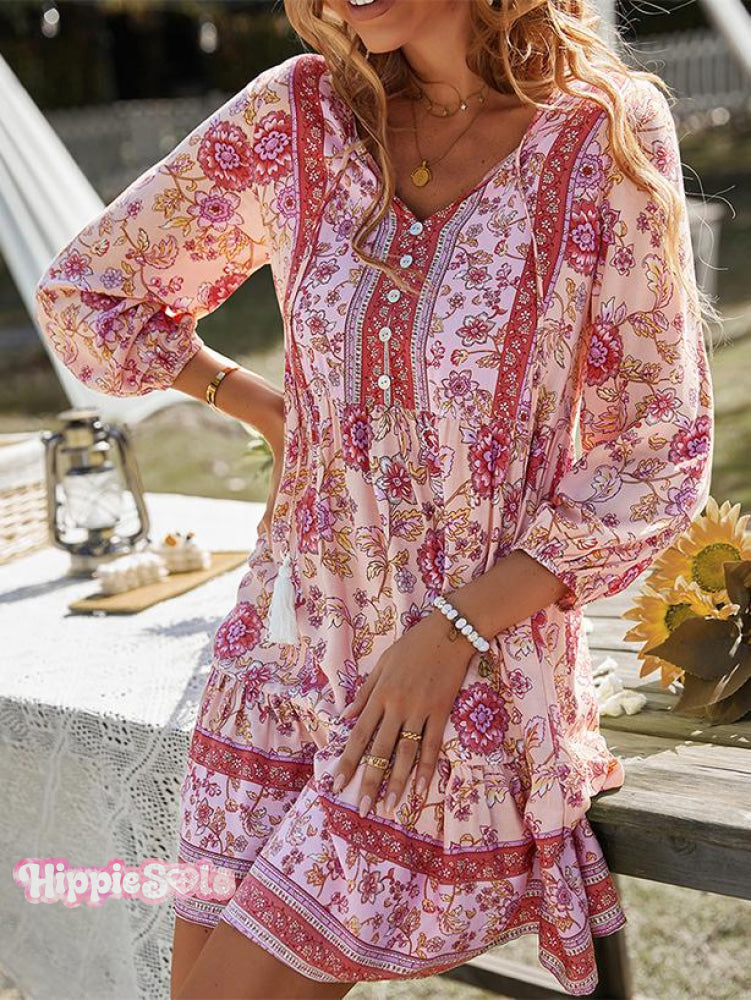 Bohemian Casual Holiday Style V-Neck Dress Short Skirt Pink / S