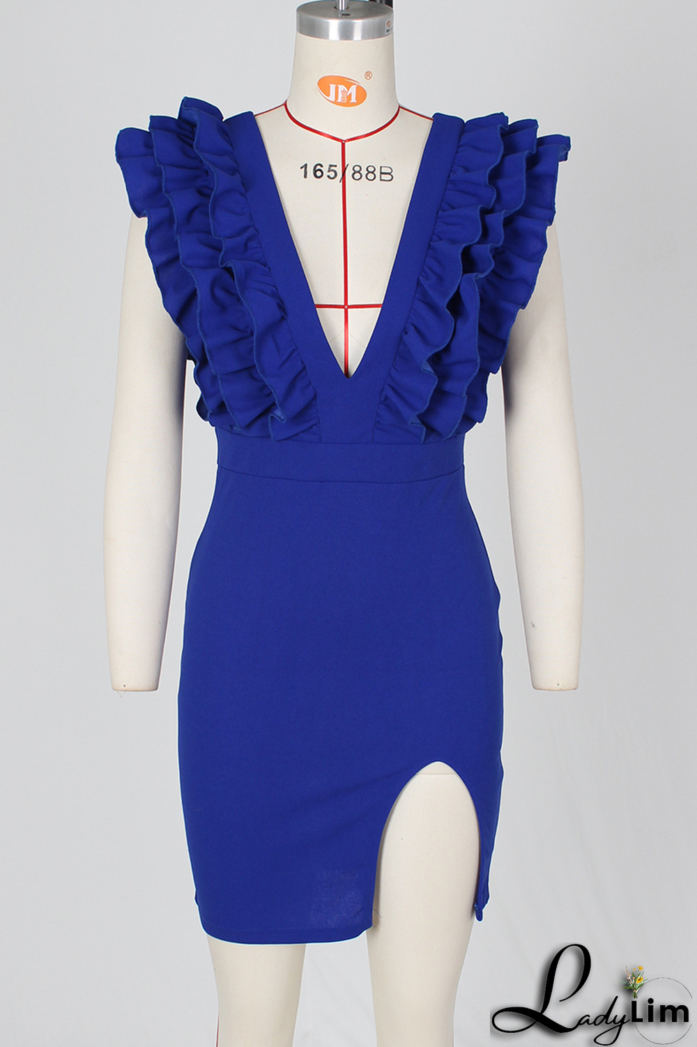 Blue Sexy Solid Stringy Selvedge V Neck Irregular Dress Dresses