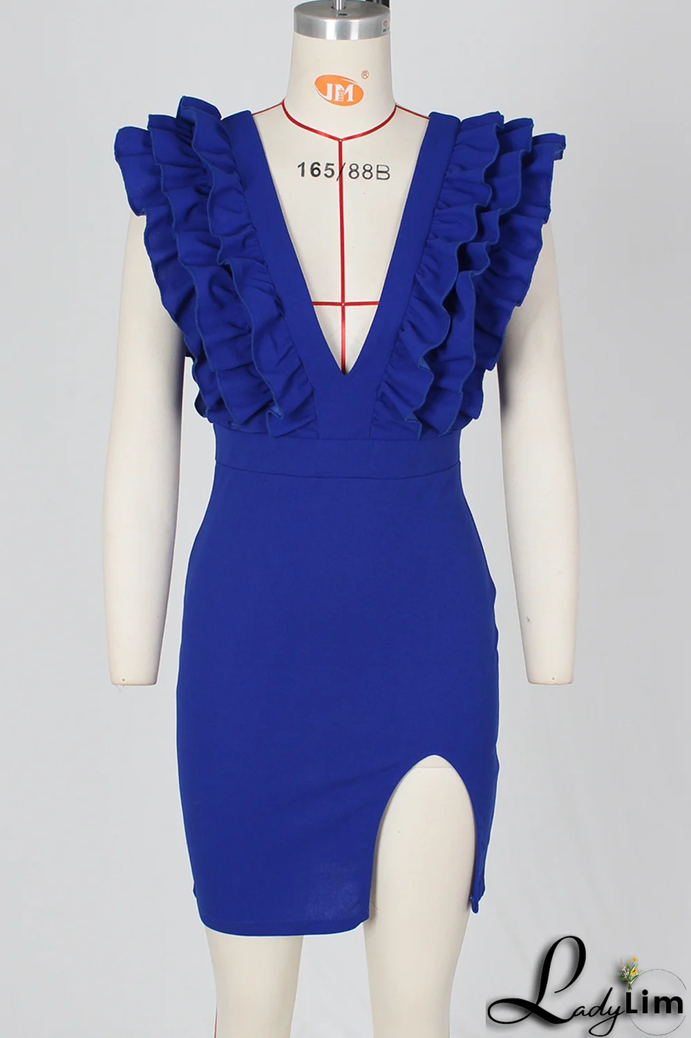 Blue Sexy Solid Stringy Selvedge V Neck Irregular Dress Dresses