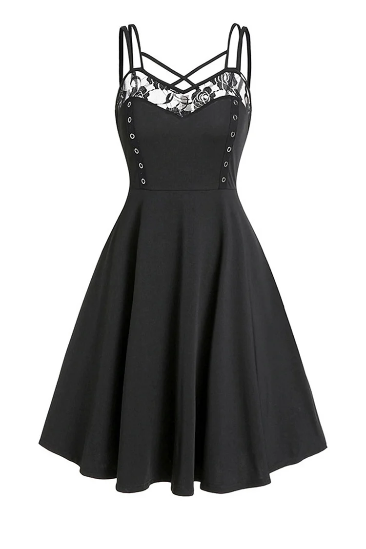 Gothic Black Casual Lace Patchwork Grommet Double Straps Cami A-line Midi Dress