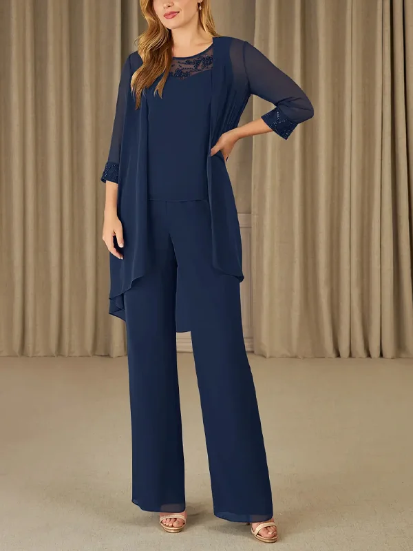 Round Neck Solid Color Lace Chiffon Top And Pants Suit